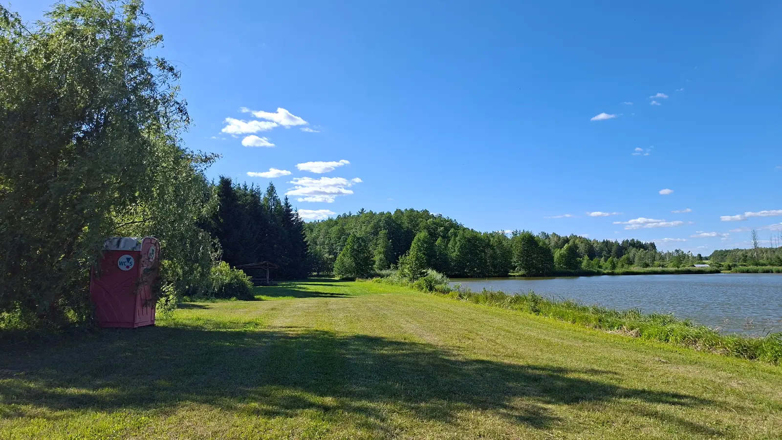 Zdjęcie wykonane w orientacji poziomej ukazuje malowniczy krajobraz rekreacyjny nad brzegiem jeziora w słoneczny dzień. Na pierwszym planie, po lewej stronie, pod rozłożystym drzewem stoi czerwona przenośna toaleta typu toi-toi z wyraźnym logo „WCS”. Zielona, skoszona murawa zajmuje centralną i prawą część kadru, prowadząc wzrok w stronę gęstego, iglastego lasu porastającego brzeg zbiornika wodnego. Tafla jeziora zajmuje prawą stronę kompozycji, odbijając bezchmurne, intensywnie niebieskie niebo z kilkoma delikatnymi chmurami. Całość tworzy spokojną scenerię wypoczynkową, łączącą naturalne środowisko z elementami infrastruktury turystycznej.