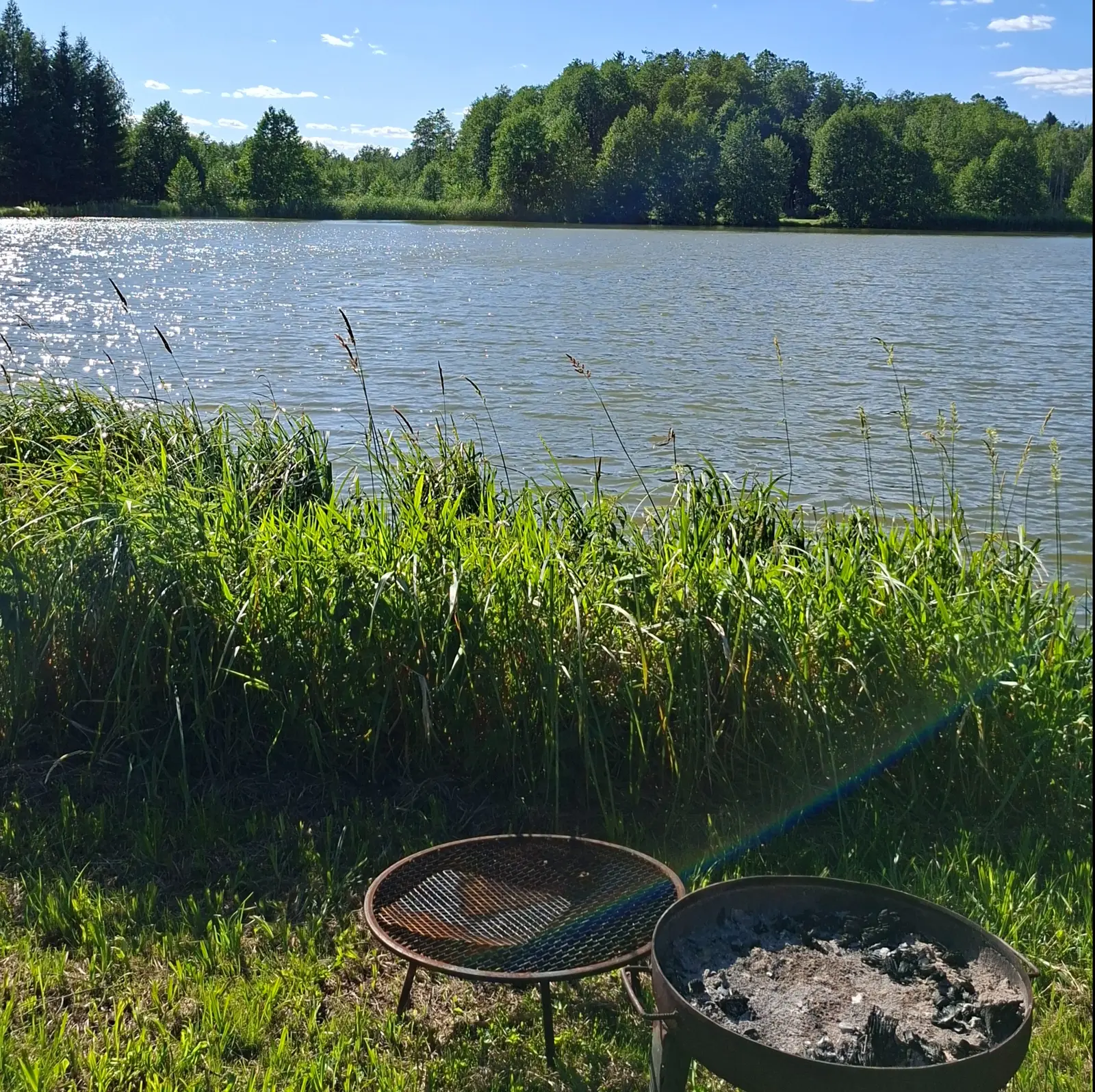 Zdjęcie przedstawia sielski krajobraz nad jeziorem w orientacji pionowej, w którym na pierwszym planie widoczne są dwa metalowe paleniska ogrodowe stojące na trawie. Jedno z urządzeń posiada ruszt, podczas gdy drugie wypełnione jest popiołem i resztkami węgla drzewnego. Tło wypełnia tafla jeziora, w której odbijają się promienie słoneczne, oraz gęste pasmo soczyście zielonych drzew rosnących na przeciwległym brzegu. Wysokie trawy porastające brzeg w dolnej części kadru dodają kompozycji naturalności i głębi. Całość utrzymana jest w jasnej, letniej kolorystyce przy bezchmurnym, błękitnym niebie, co sprzyja budowaniu atmosfery relaksu i wypoczynku na łonie natury.